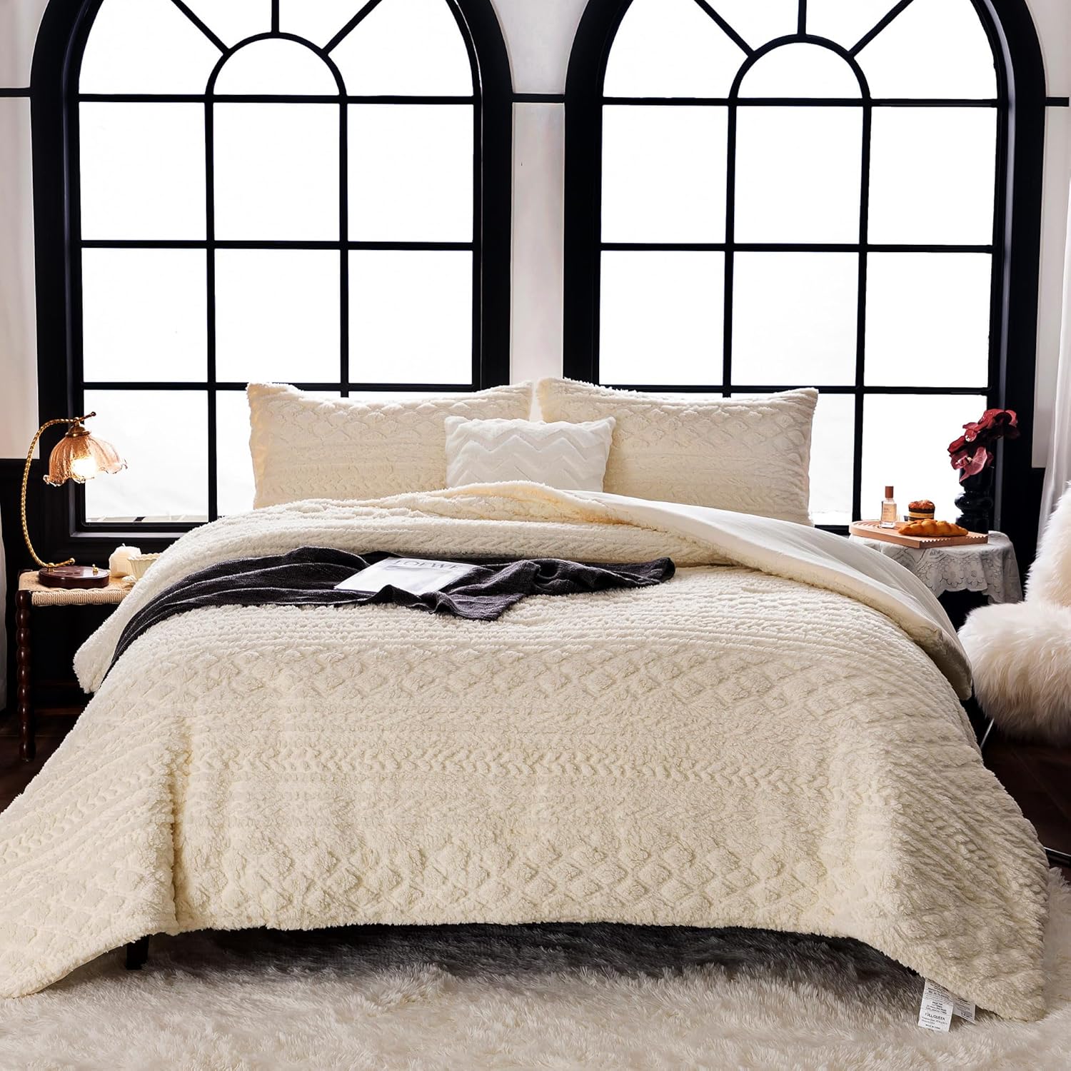 Comforter Sets KING Size Bed, Boho Tufted Cal KING Bedding Down Comforter, Lightweight Super Soft Reversible Washed Cotton Shabby Plush Fleece Sherpa All Season, Off White Ivory